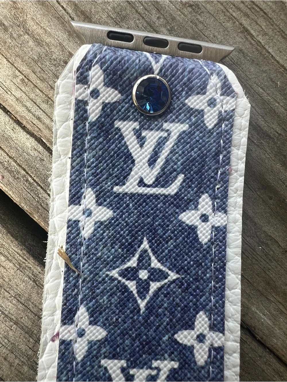 Monogram denim and White leather Apple Watch band